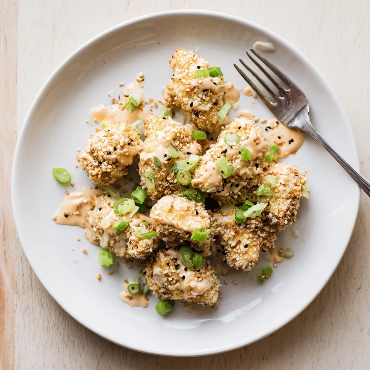 Tender pieces of Quick Low Carb Bang Bang Chicken tossed in a glossy, vibrant sauce, topped with chopped scallions and sesame seeds on a dark serving platter.