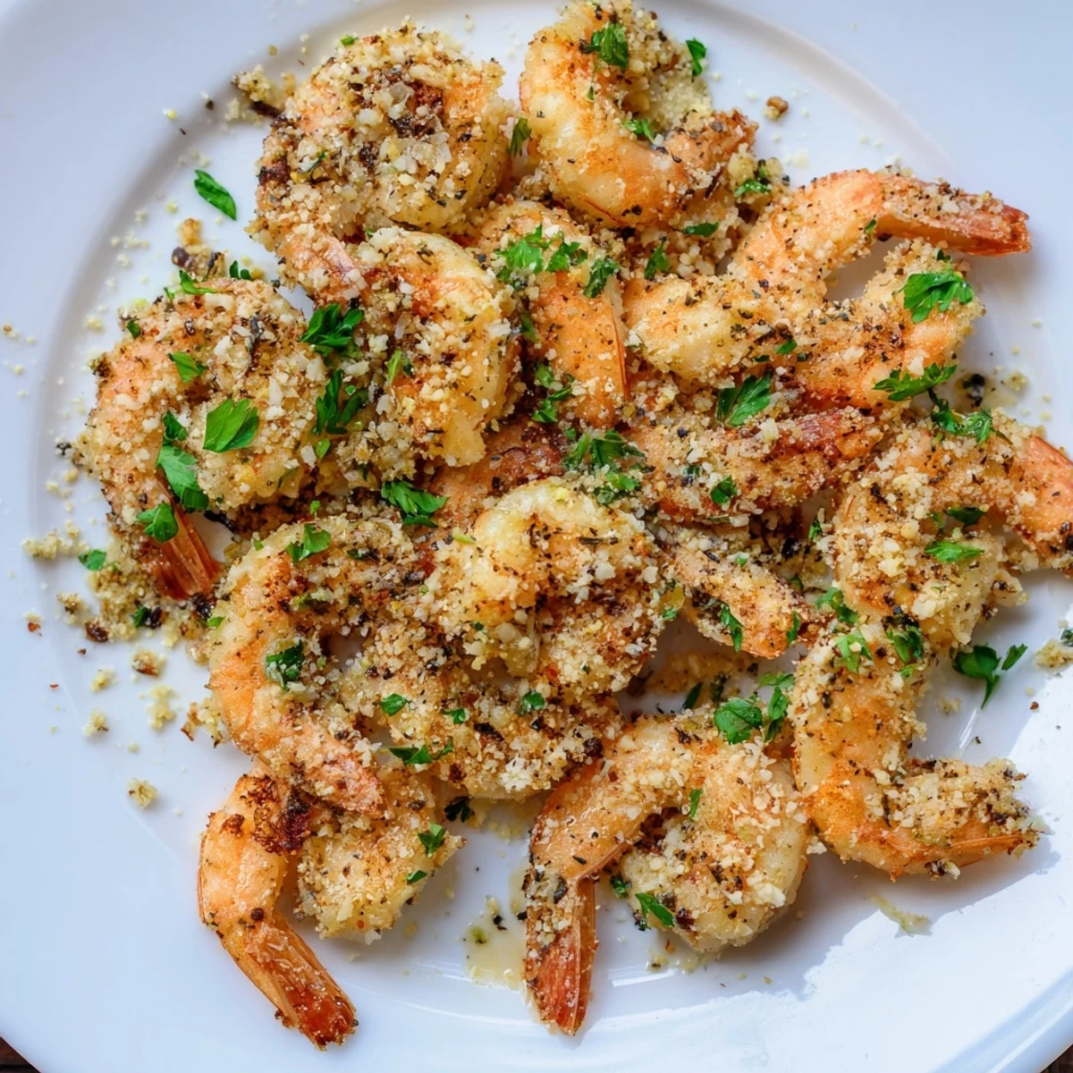 Golden-brown Air Fryer Garlic Parmesan Shrimp piled on a white plate with lemon wedges and fresh parsley garnish.