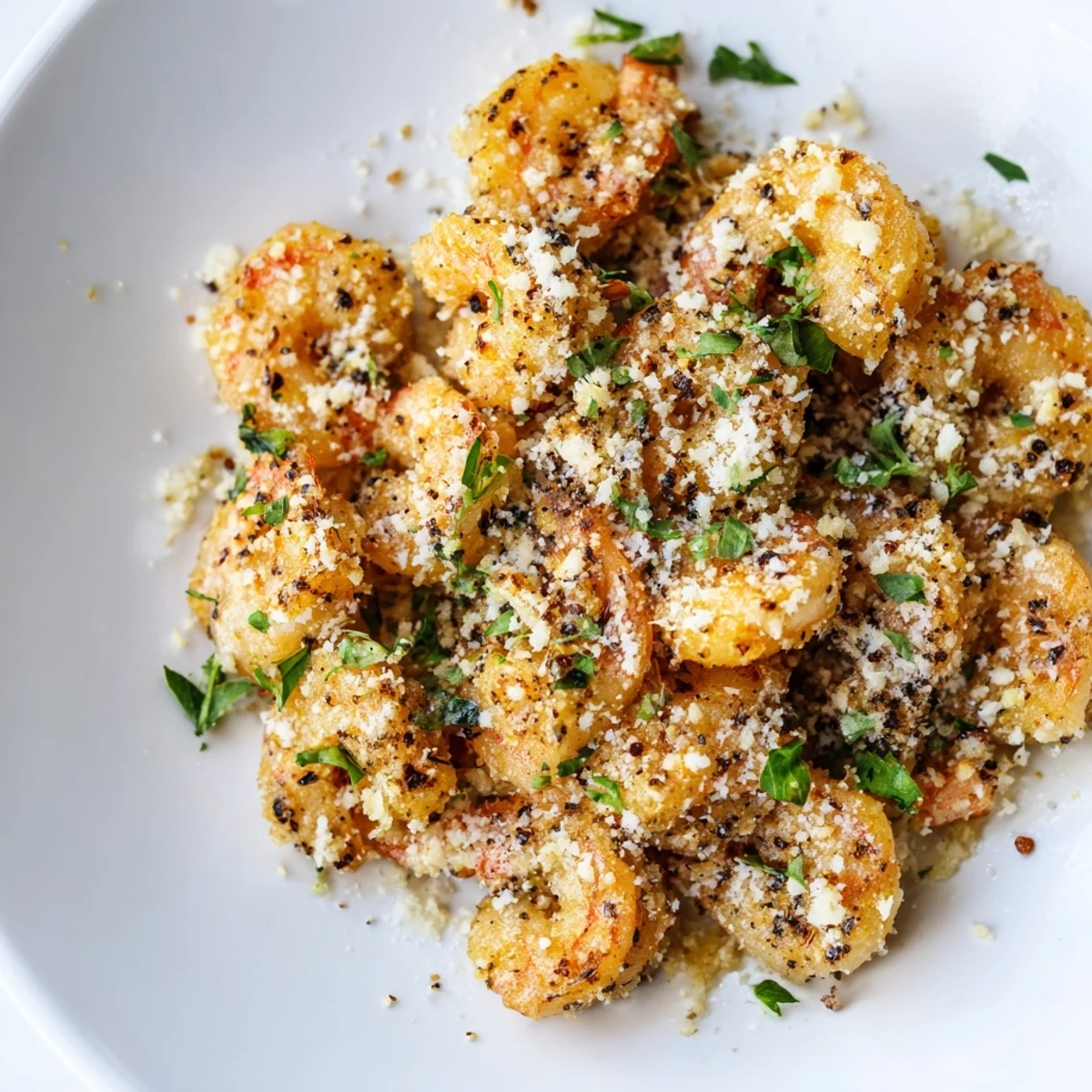 Juicy Air Fryer Garlic Parmesan Shrimp sizzling in the air fryer basket, coated with herbs and grated cheese.