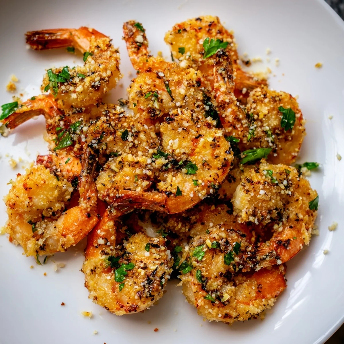 Close-up of Air Fryer Garlic Parmesan Shrimp showing crispy edges and melted Parmesan, served over a bed of pasta.