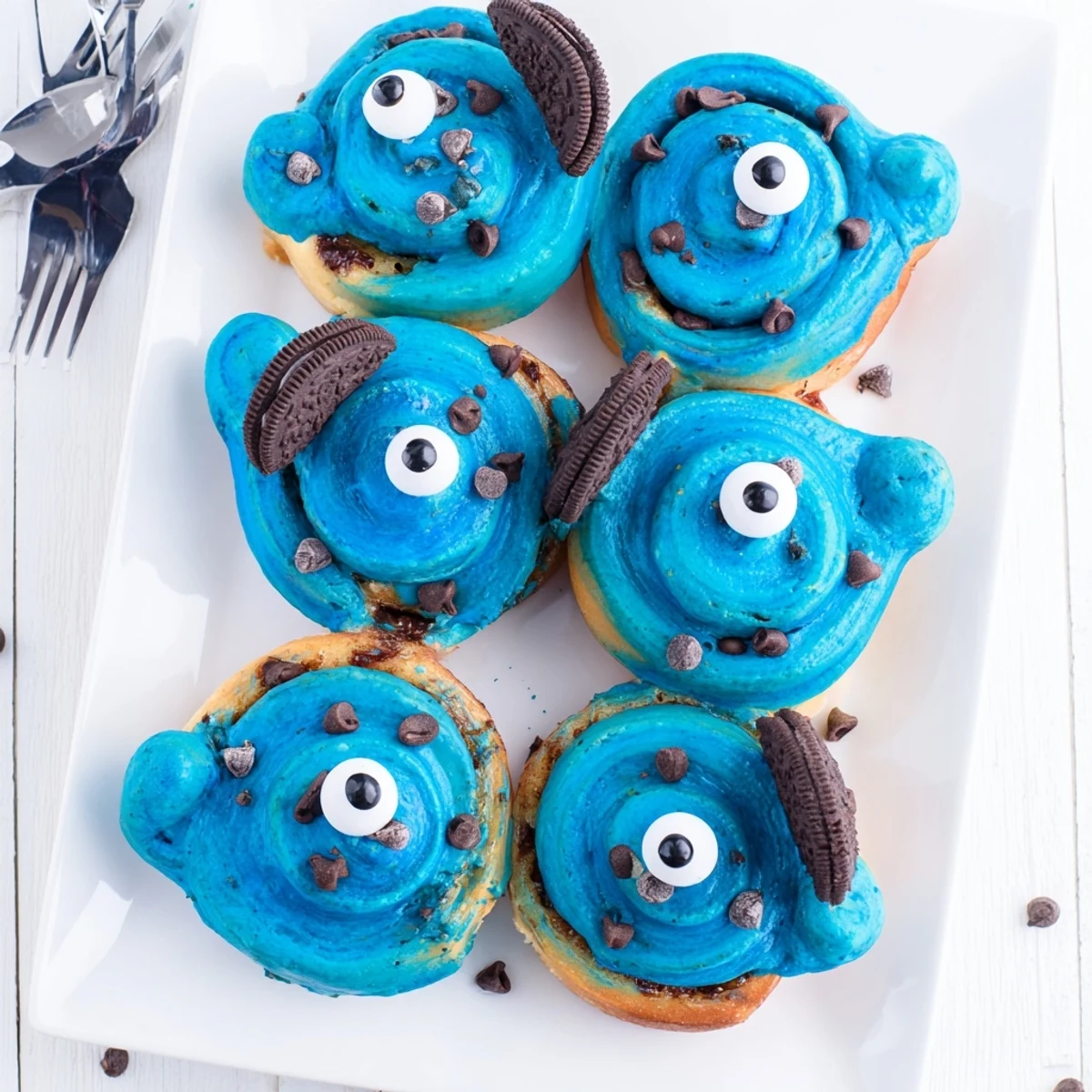Soft, gooey Cookie Monster Cinnamon Rolls with vibrant blue frosting and mini cookie halves, ready to serve for breakfast.