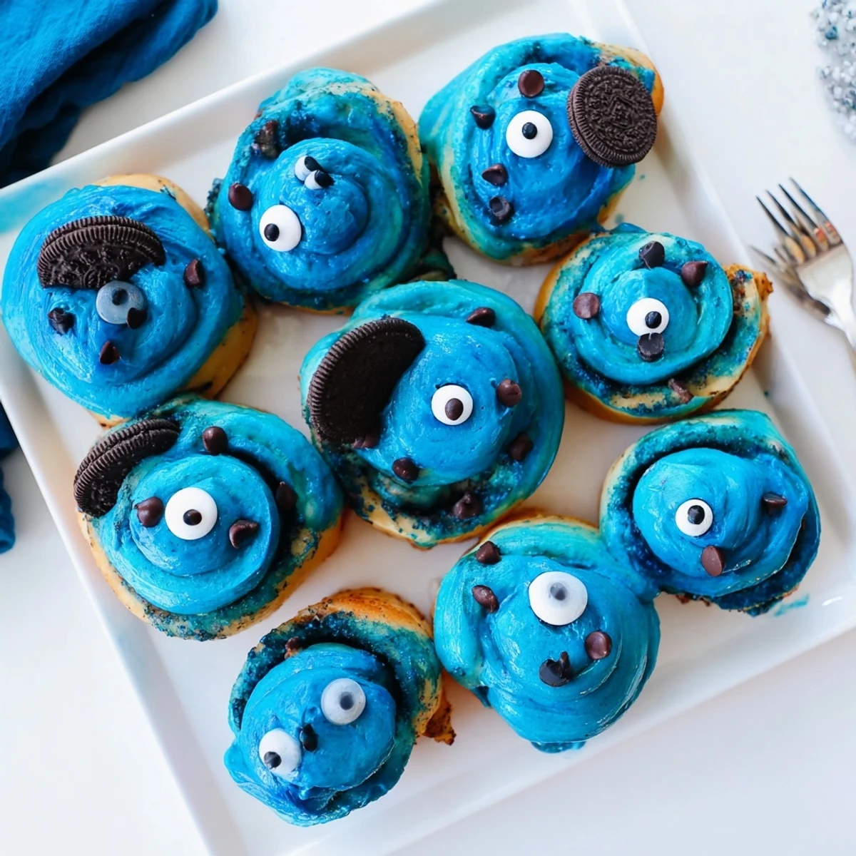 Twelve fluffy Cookie Monster Cinnamon Rolls arranged in a white ceramic dish, filled with chocolate chips and cinnamon sugar.