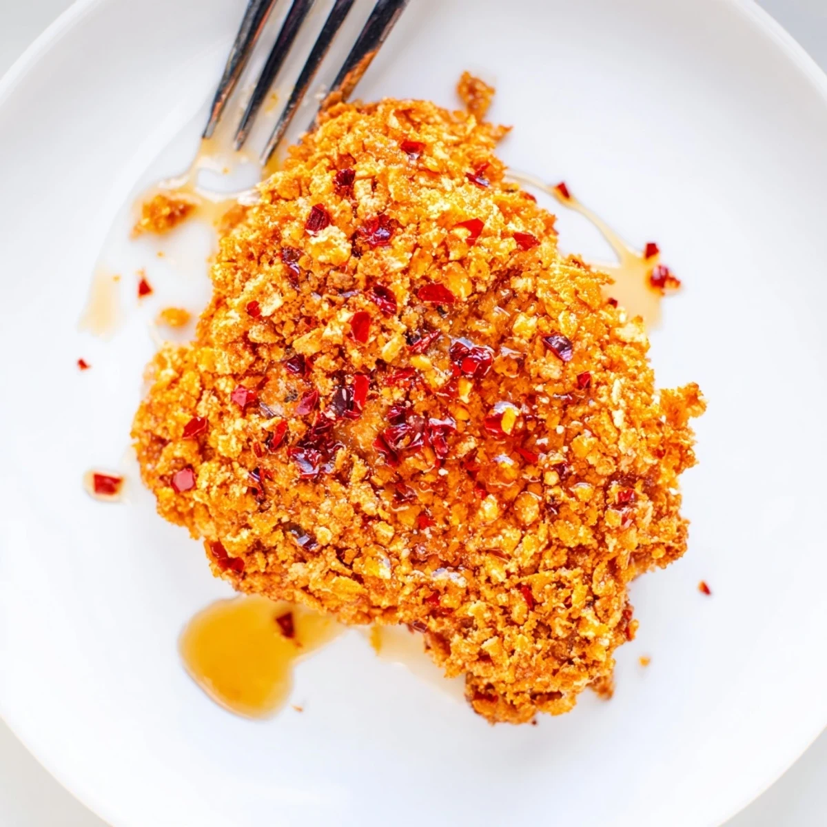 Golden, crunchy baked chicken breasts sit on a wire rack with glistening hot honey drizzle over a cozy plate.