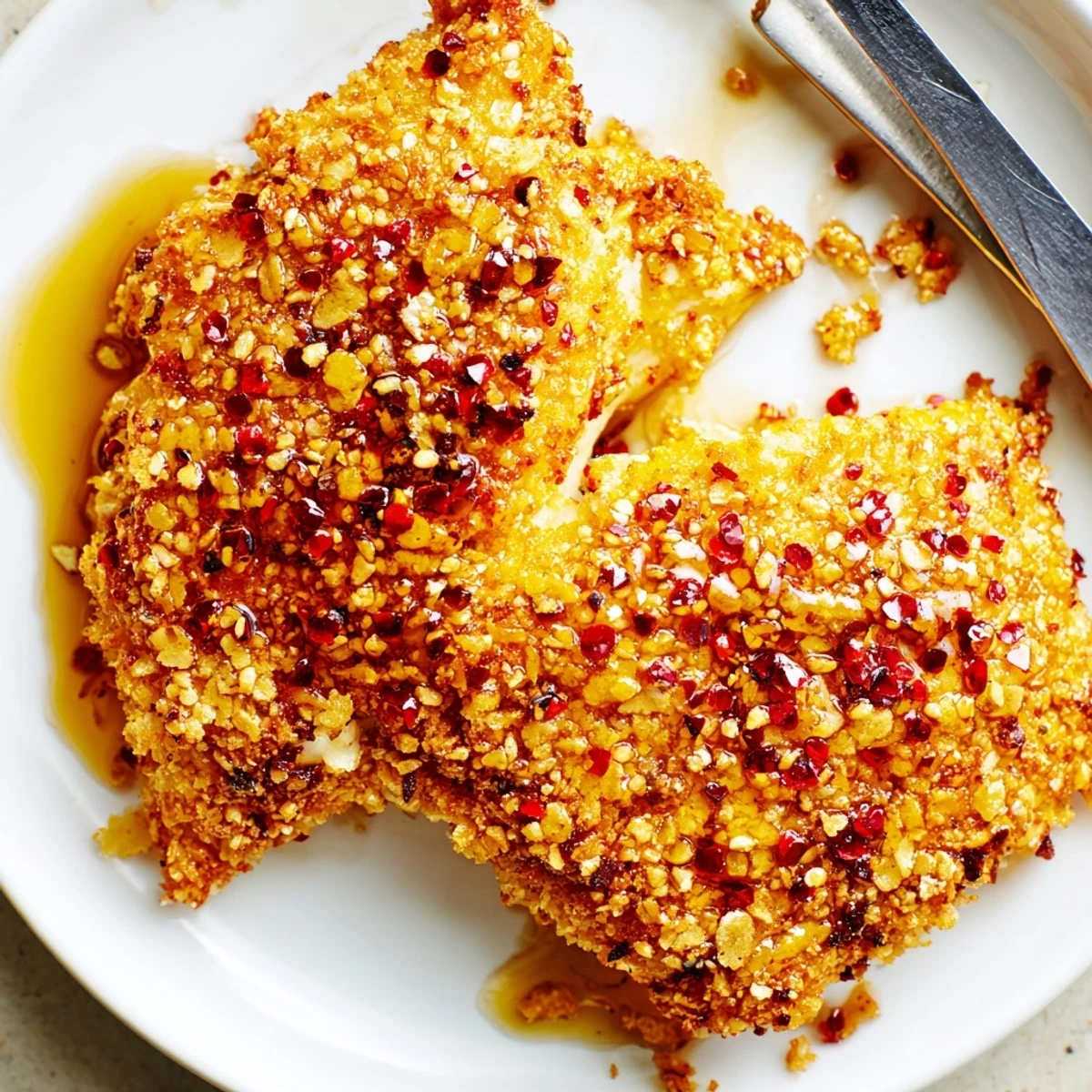 Juicy Baked Crunchy Hot Honey Chicken breasts with golden crust, served with pickles and sweet potato fries nearby.