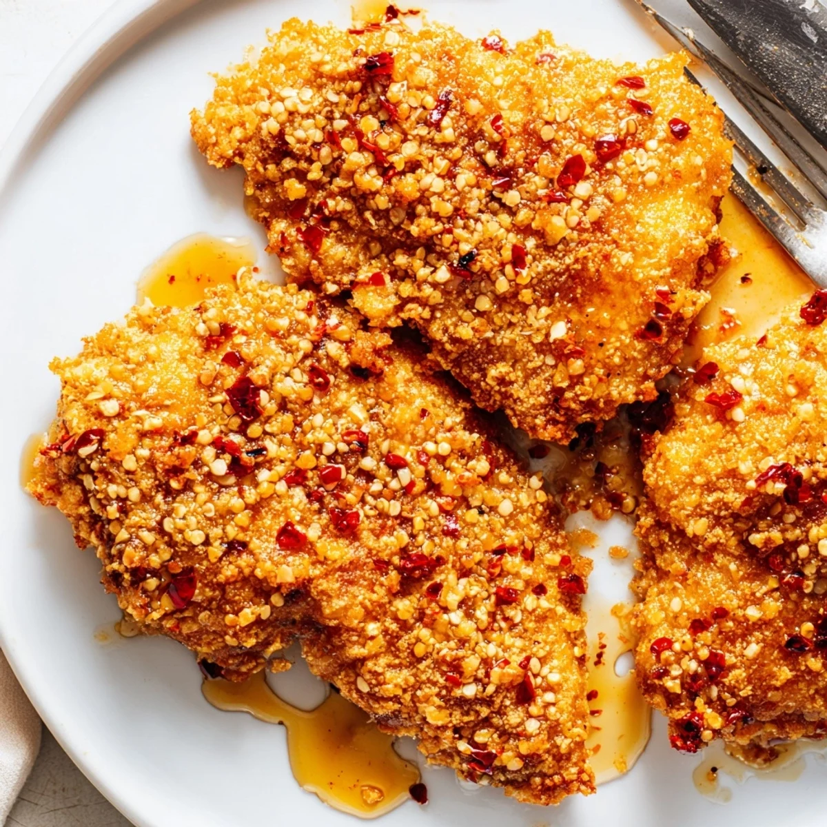 Crispy baked chicken coated in panko and cornflakes, drizzled with spicy hot honey on a serving platter.