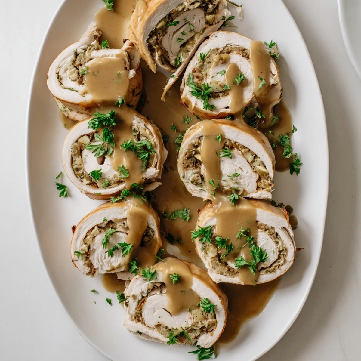 Juicy Flavor-Packed Turkey Roll-Ups with Stuffing, baked golden and served with gravy in a cozy dinner setting.