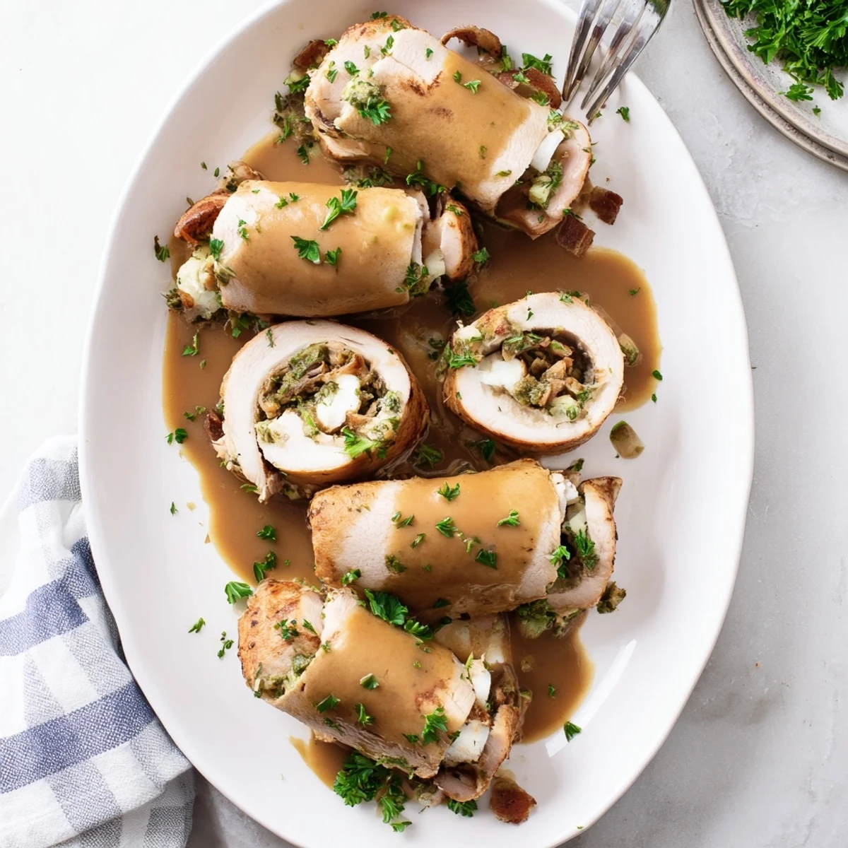 Tender slices of Flavor-Packed Turkey Roll-Ups with Stuffing are rolled with cheese and herbs on a rustic wooden board.