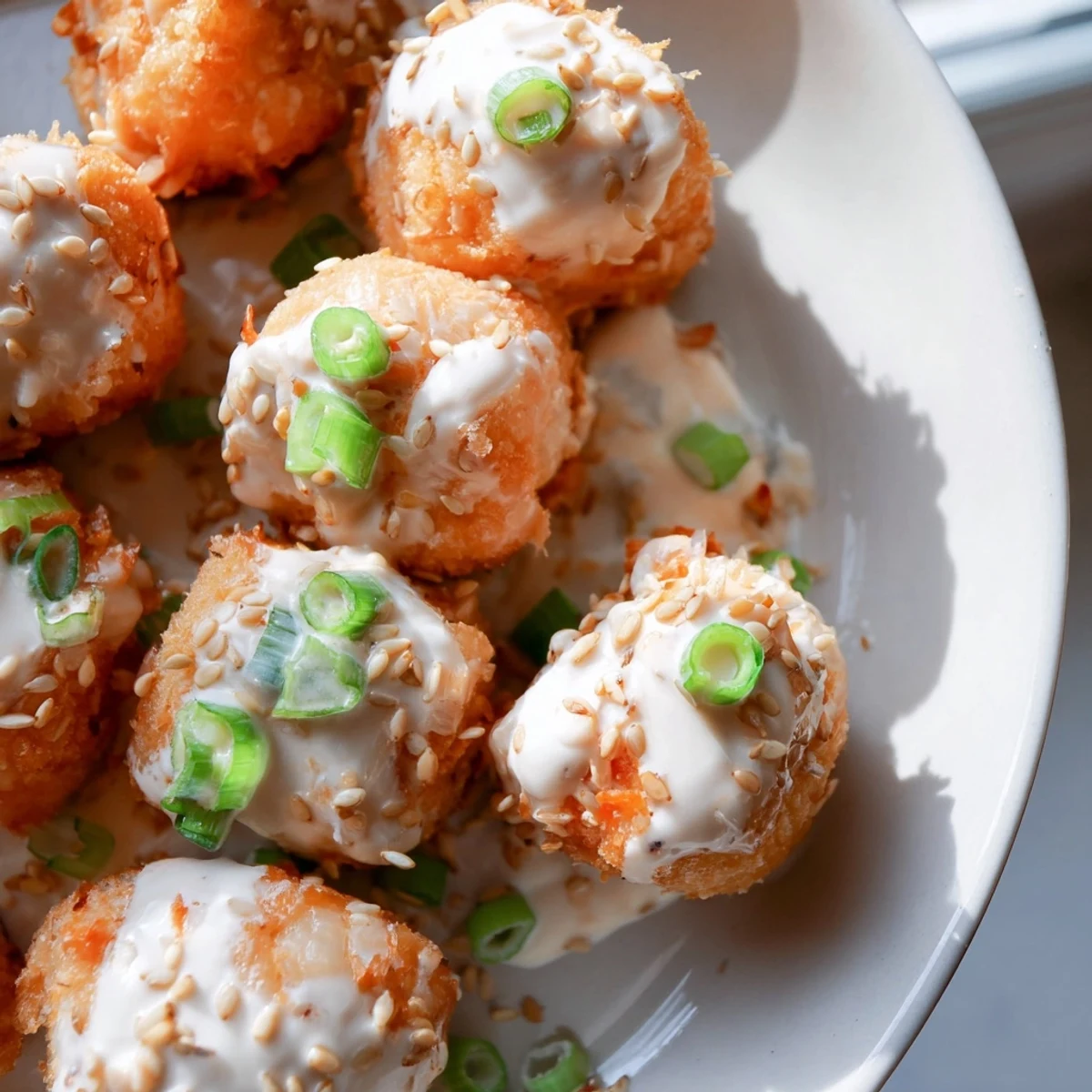 Golden fried Bang Bang Salmon Bites arranged on a platter with fresh chives and sesame seeds.