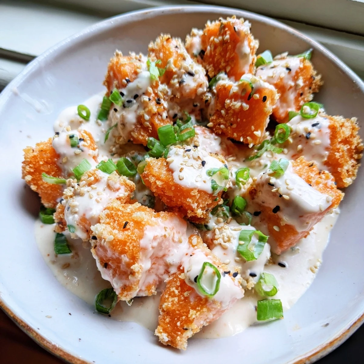 Creamy spicy Bang Bang Salmon Bites served in a bowl with drizzled sauce and lime wedges.