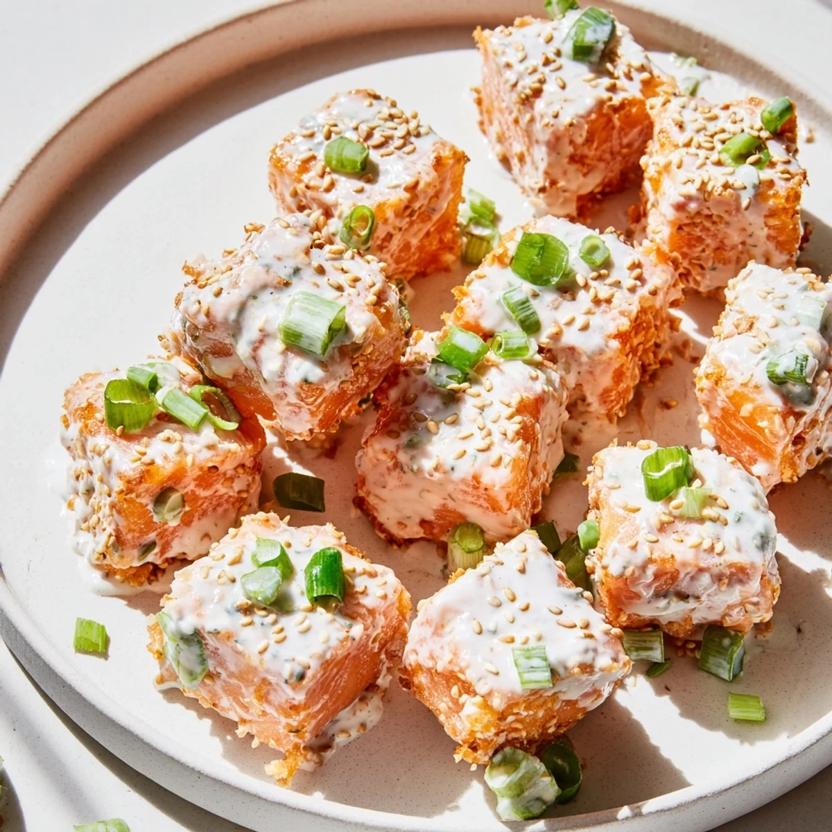 Crispy tender Bang Bang Salmon Bites garnished with green onions and sesame seeds on a napkin.