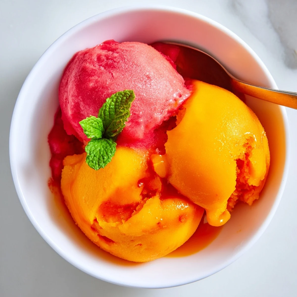 Fresh scoops of Mango Strawberry Sorbet served in a chilled glass bowl with mint garnish.