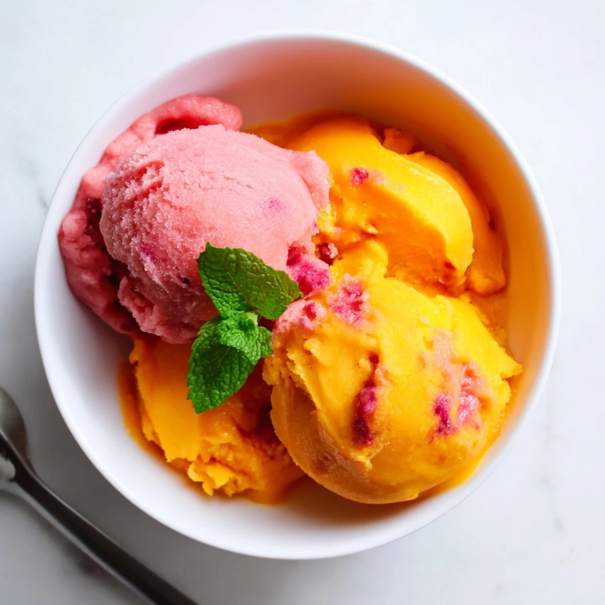 Bright orange and red swirls of Mango Strawberry Sorbet melting slightly over a dessert plate.