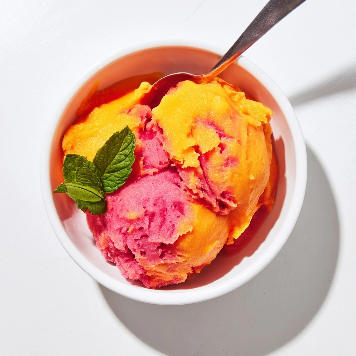 Homemade Mango Strawberry Sorbet in a rustic ceramic bowl, perfect for summer gatherings.