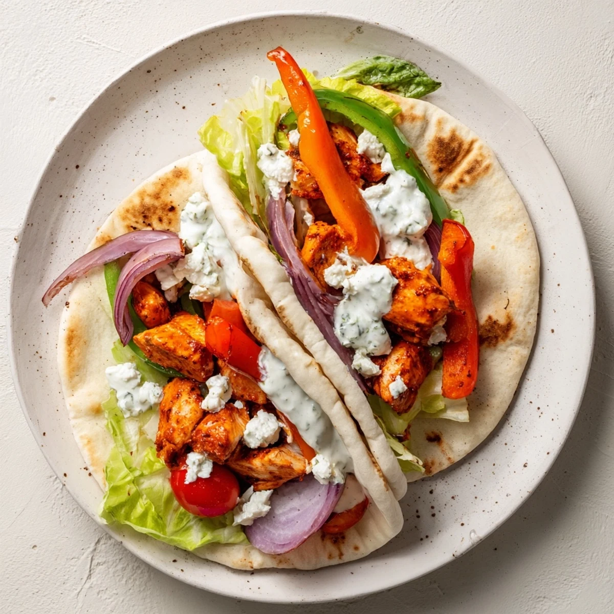 Freshly baked pita holds tender chicken, crisp vegetables, and creamy herby ranch sauce.