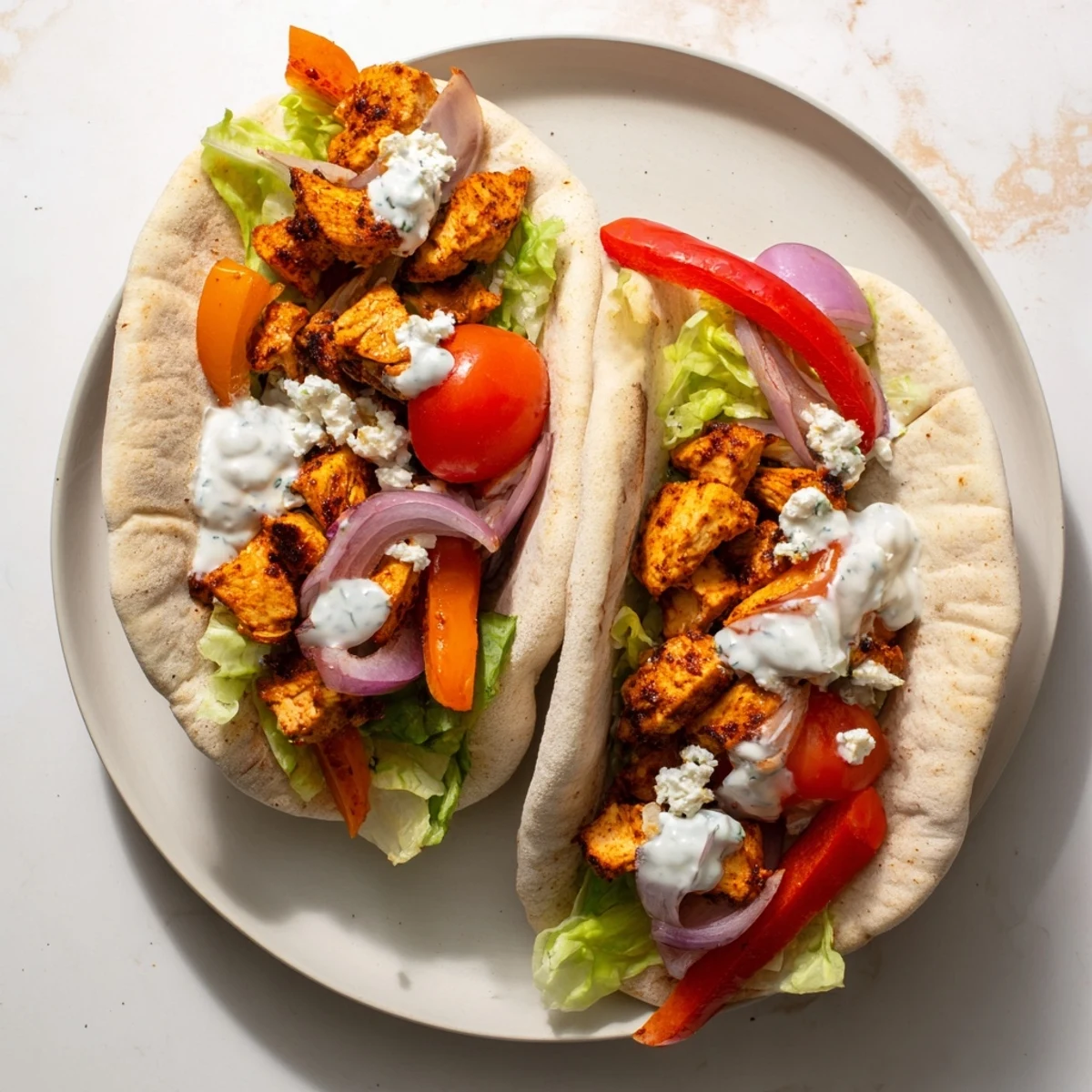 Sheet pan chicken pitas with herby ranch stuffed with juicy roasted chicken and colorful veggies.
