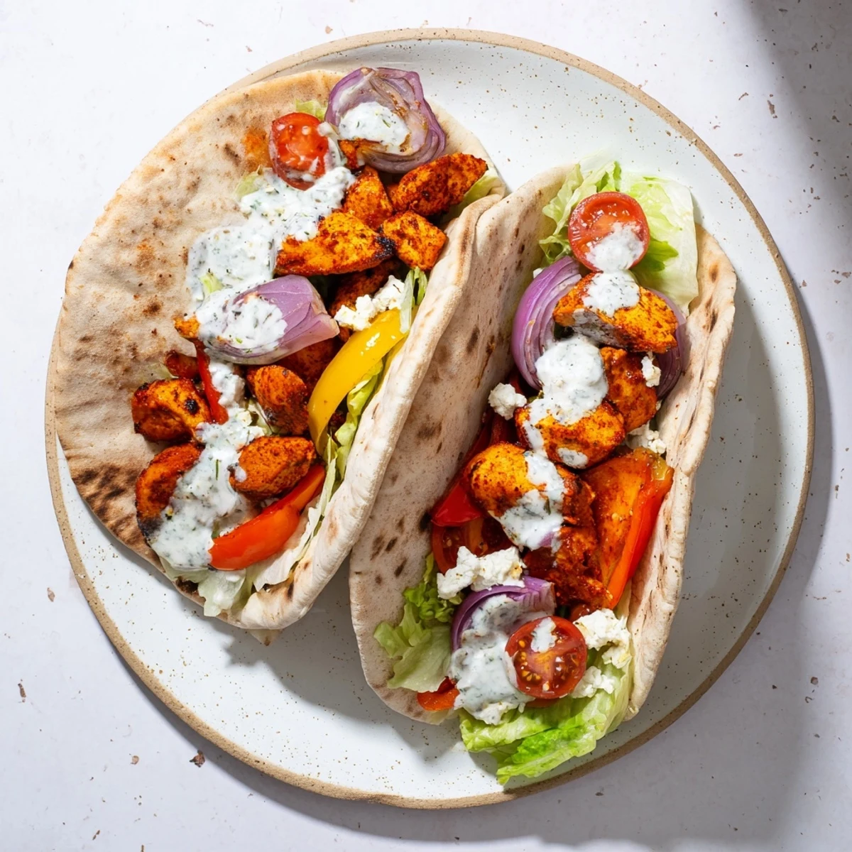 Warm pitas filled with savory sheet pan chicken, veggies, and a drizzle of herby ranch.