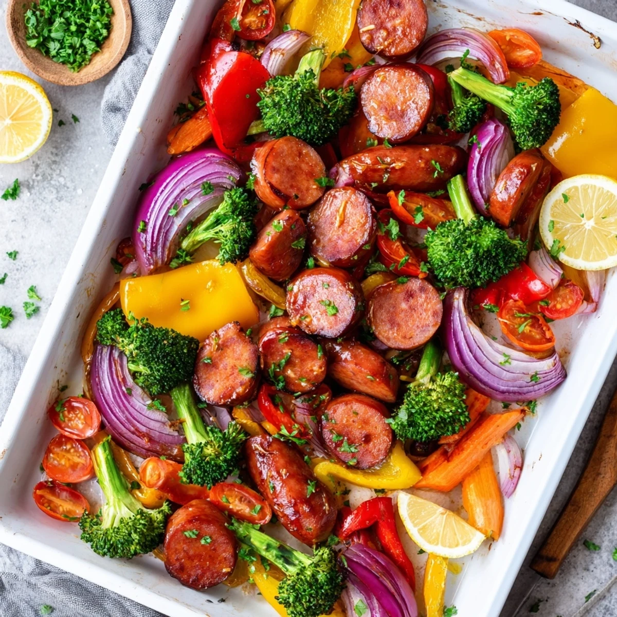 Golden roasted One Pan Honey Garlic Kielbasa & Veggies sizzling on a sheet pan with caramelized onions and cherry tomatoes.