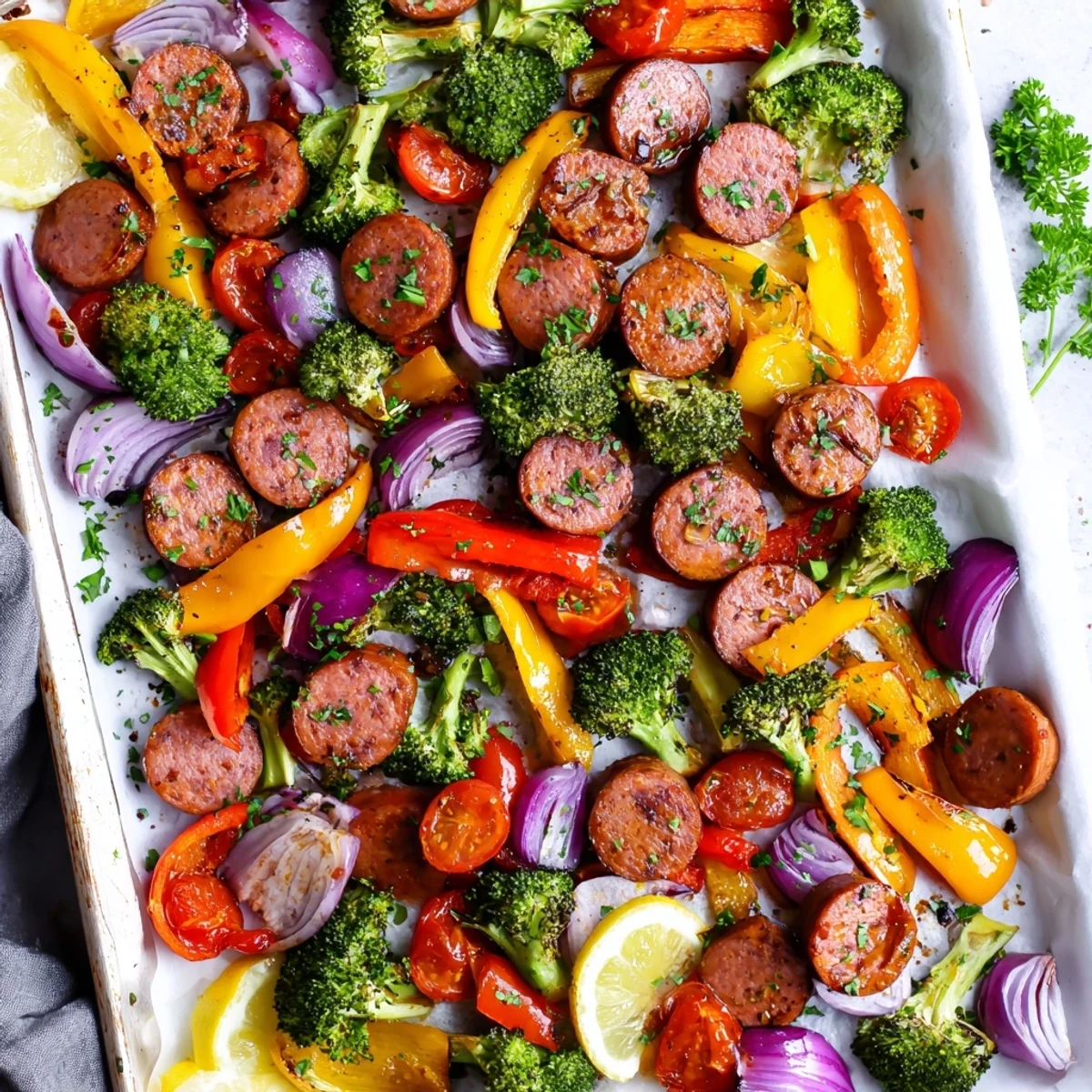 Bright One Pan Honey Garlic Kielbasa & Veggies served hot with fresh parsley and lemon wedges for a gluten-free family dinner.