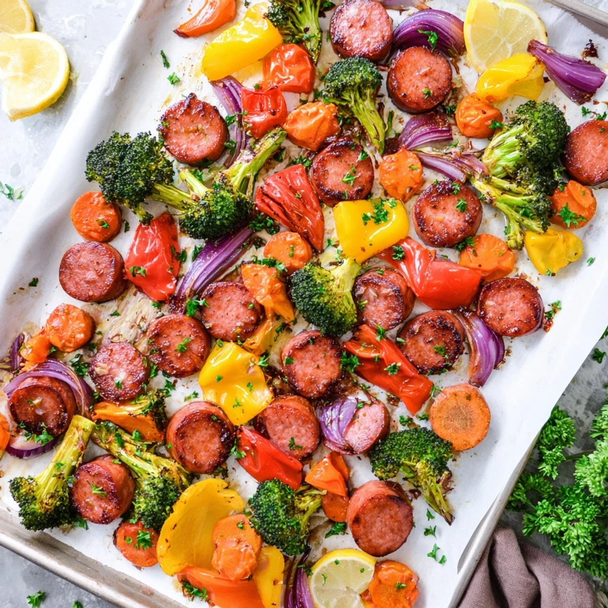 Savory One Pan Honey Garlic Kielbasa & Veggies featuring tender broccoli, bell peppers, and carrots in a sticky glaze.