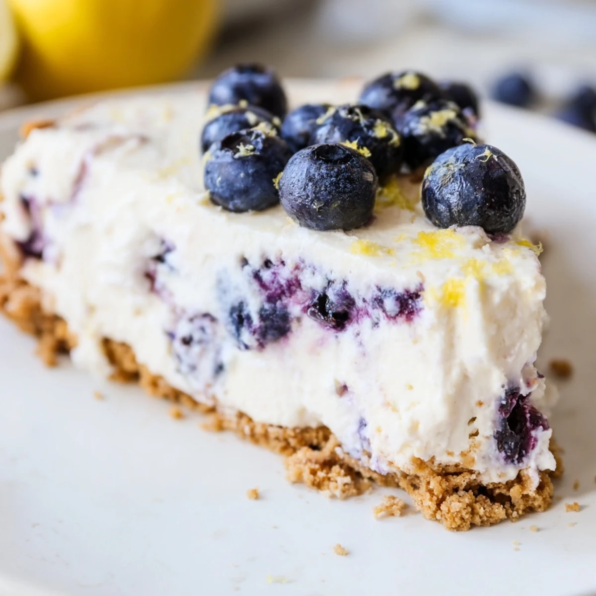 Fresh slices of No Bake Lemon Blueberry Cream Cake show a creamy filling studded with blueberries on a graham cracker crust.