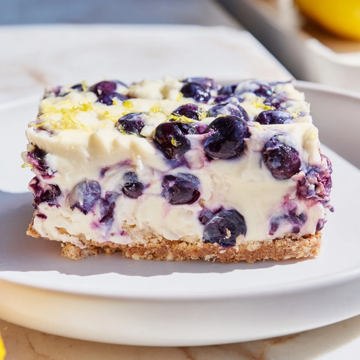 No Bake Lemon Blueberry Cream Cake is topped with juicy blueberries and lemon zest, served chilled on a dessert plate.