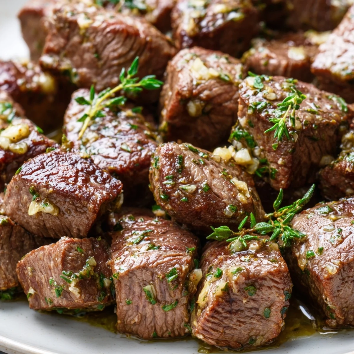 Garlic Butter Steak Bites sizzle in a skillet, coated in rich garlic butter with fresh parsley garnish.