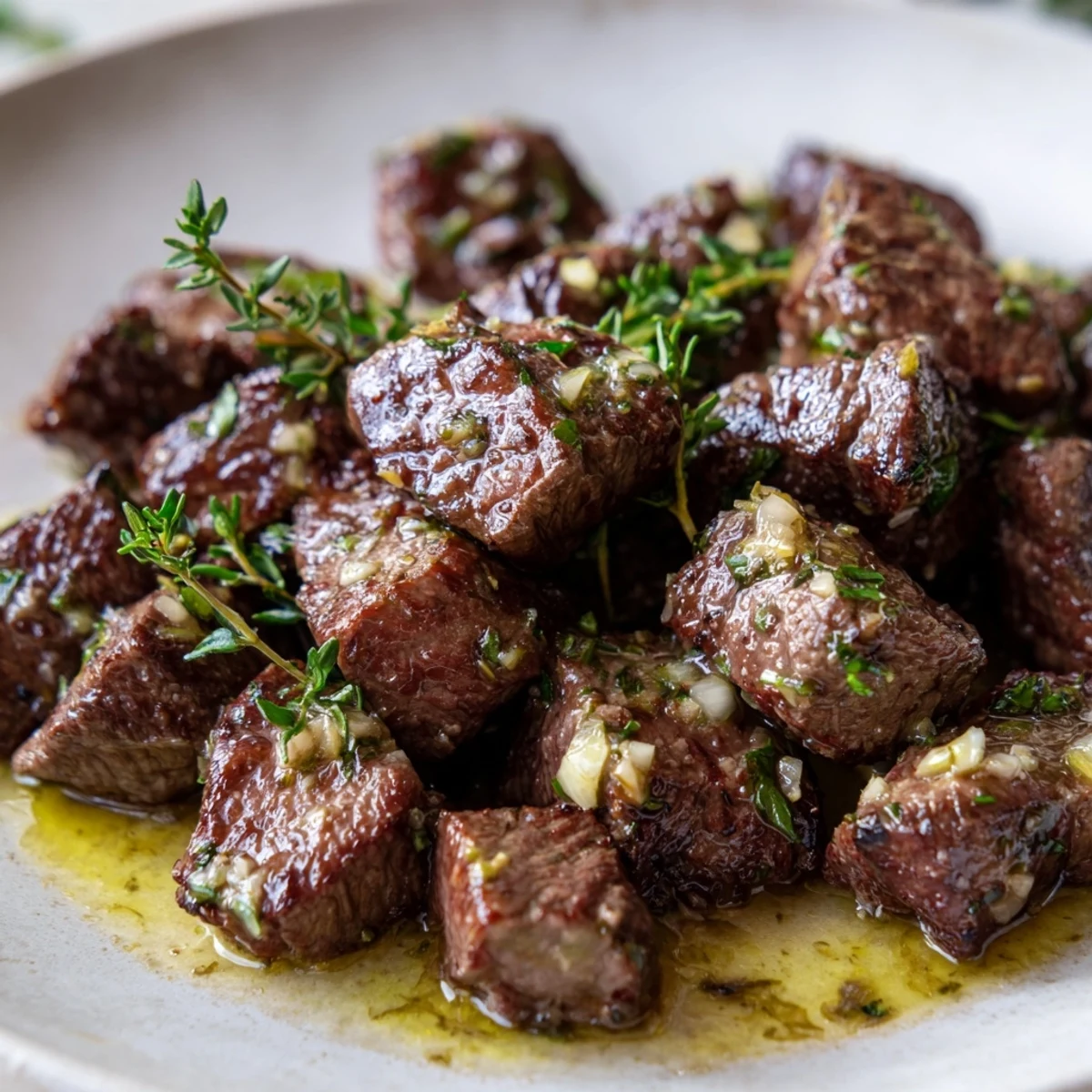 Juicy Garlic Butter Steak Bites shine in a skillet, garnished with thyme and ready for a weeknight dinner.