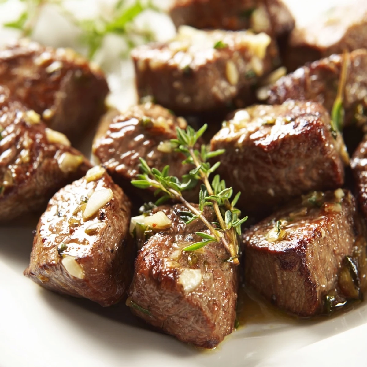 Golden Garlic Butter Steak Bites are served on a platter, perfect with mashed potatoes and crusty bread.