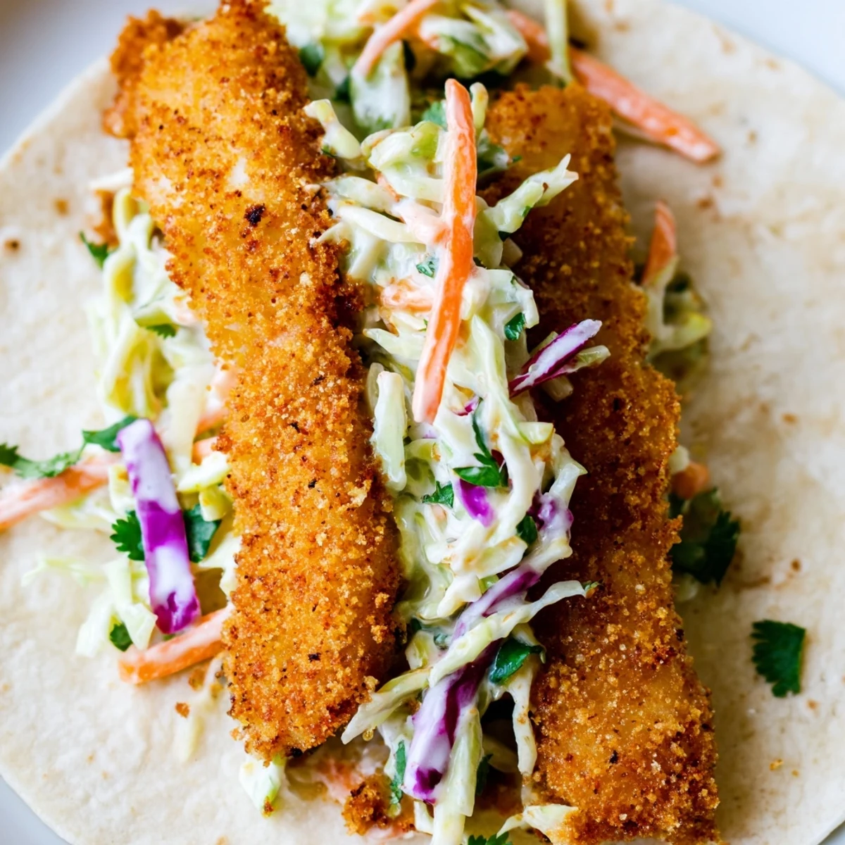 Crispy Fish Tacos With Cilantro Lime Slaw plated on a colorful plate with vibrant slaw and jalapeños.