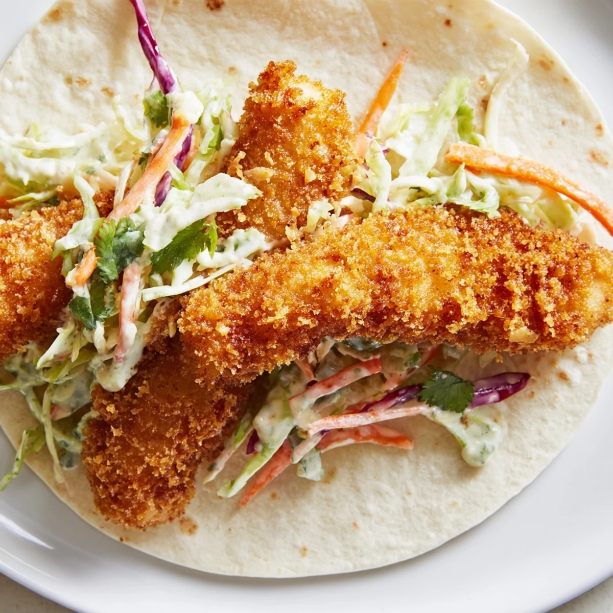 Golden, crispy fish tacos topped with zesty cilantro lime slaw served on warm tortillas with lime wedges.