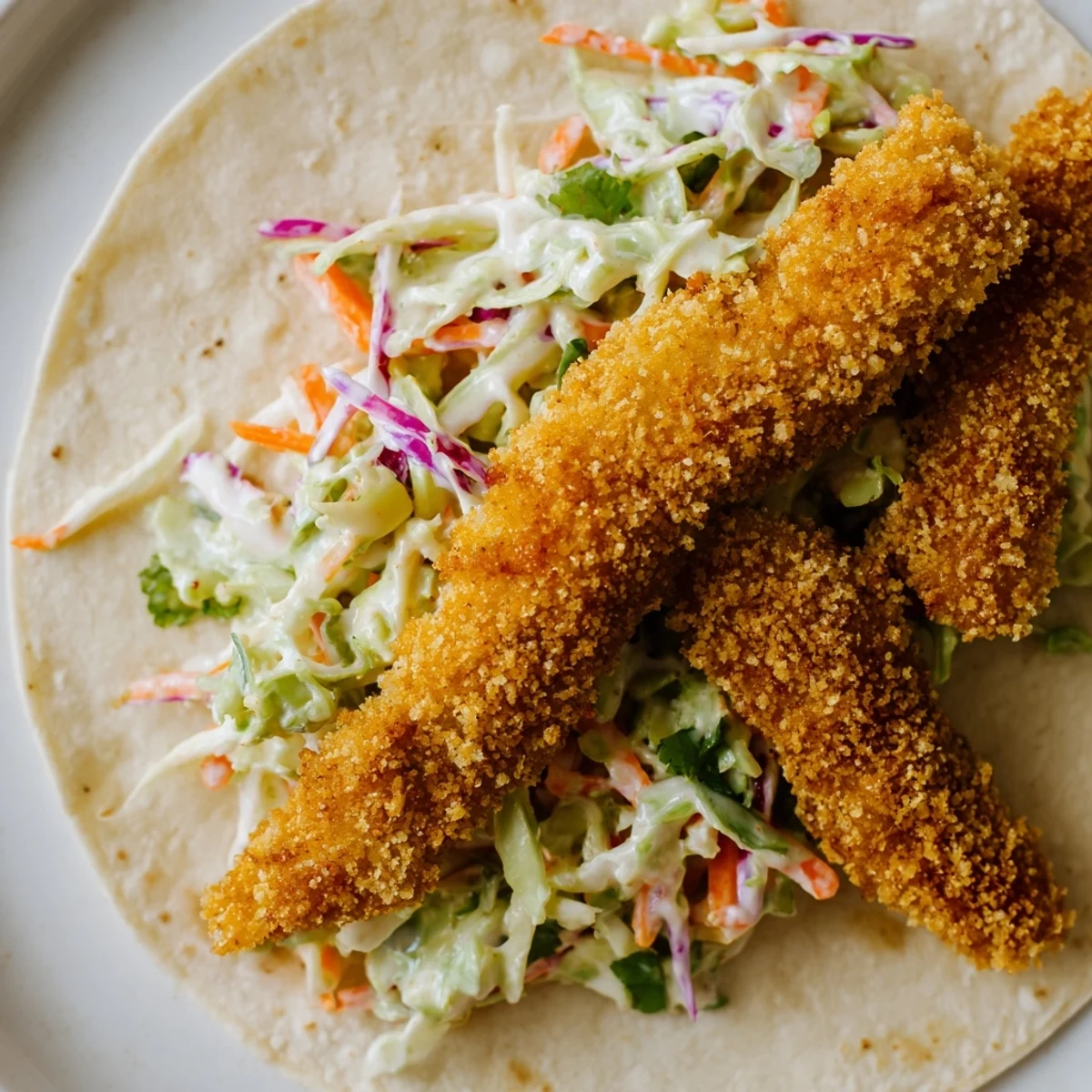 Golden fried fish nestled in soft corn tortillas with creamy cilantro lime slaw for a fresh bite.