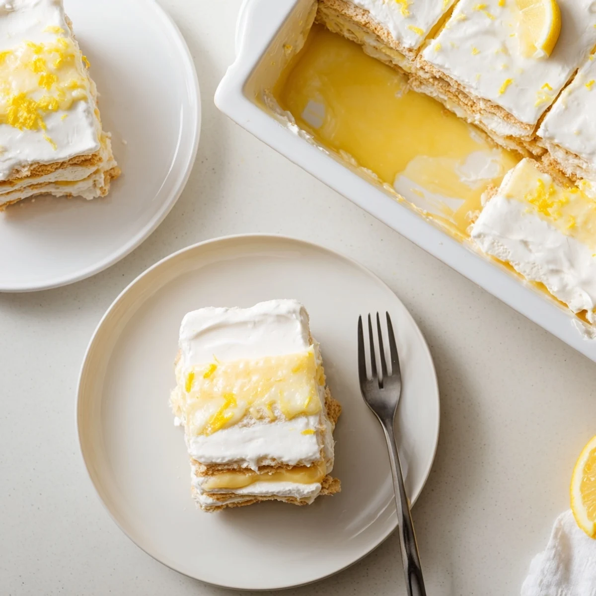 Creamy No Bake Lemon Eclair Cake with layers of graham crackers and lemon pudding topped with glossy glaze.