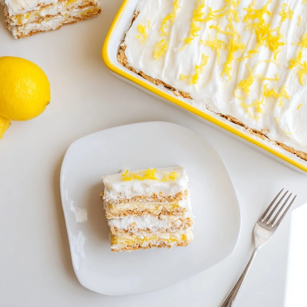 Sliced No Bake Lemon Eclair Cake reveals soft crackers and zesty lemon cream on a chilled summer plate.