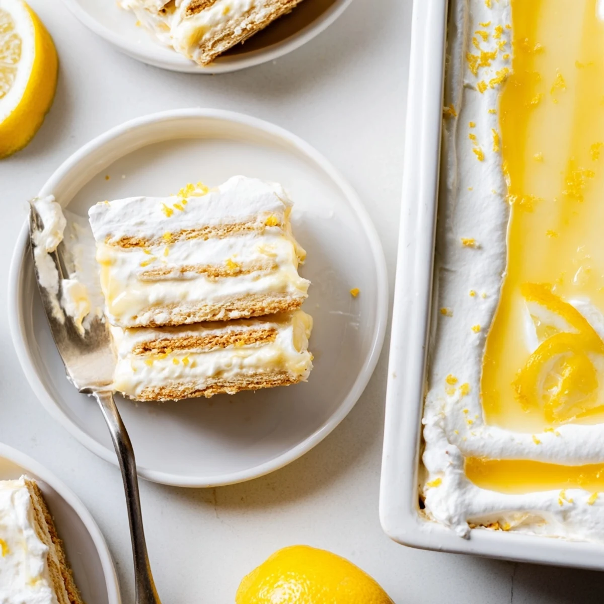 Ready to serve No Bake Lemon Eclair Cake with fresh berries and silky lemon glaze for easy entertaining.