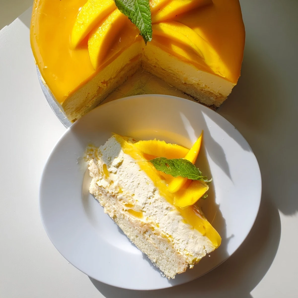 Golden Mango Mousse Cake with glossy mango glaze, topped with ripe fruit slices, served on a summer dessert platter.