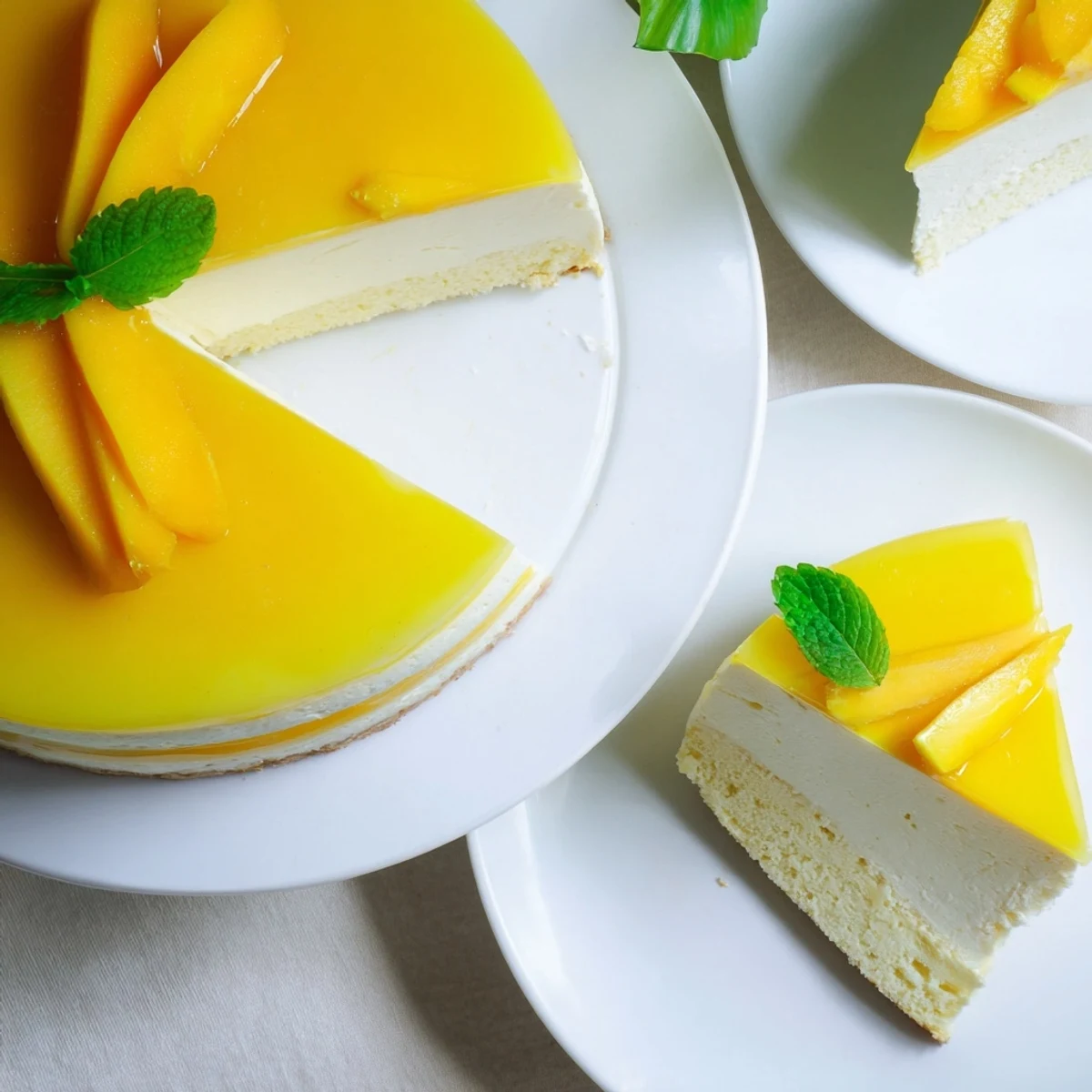 Freshly sliced Mango Mousse Cake reveals fluffy mango mousse and tender sponge, garnished with mint on a rustic table.