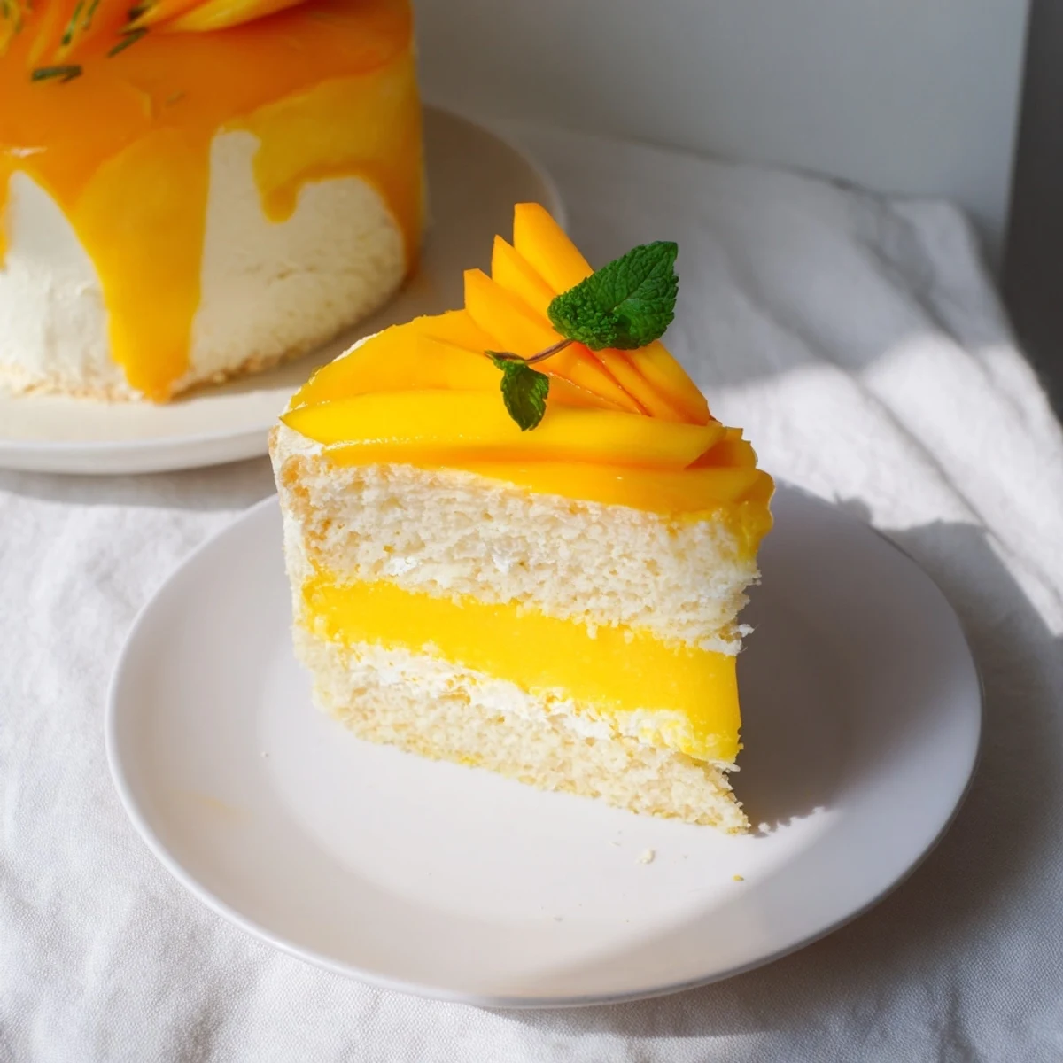Homemade Mango Mousse Cake cut into a neat wedge, exposing soft sponge layers and vibrant mango mousse interior.