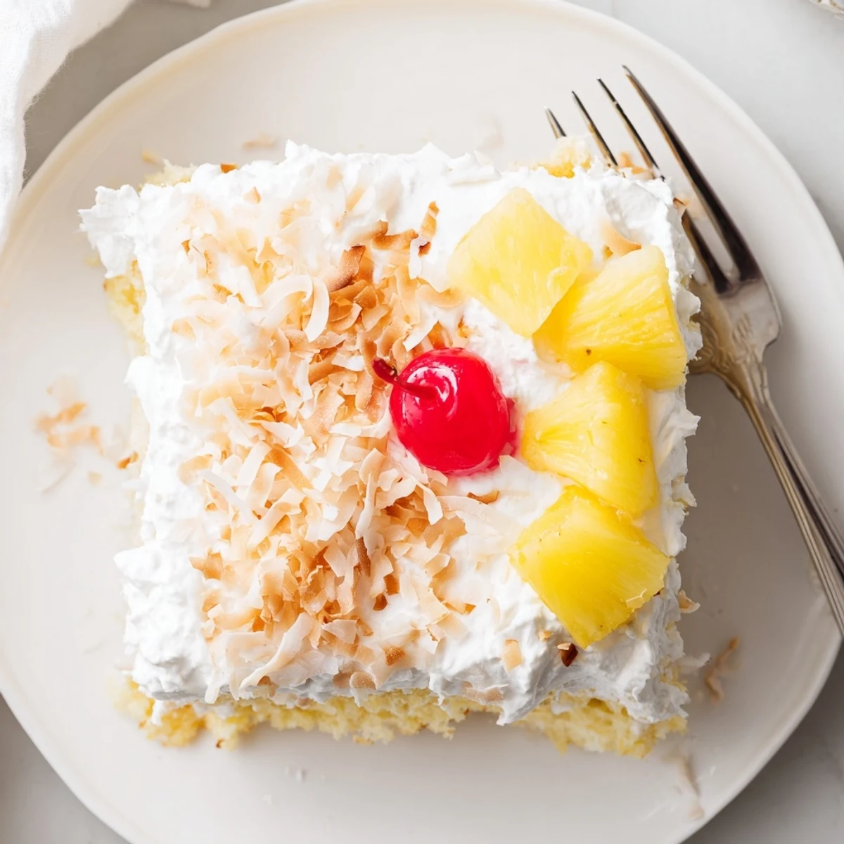A slice of Hawaiian Poke Cake with toasted coconut flakes and fresh pineapple garnish on a white plate.
