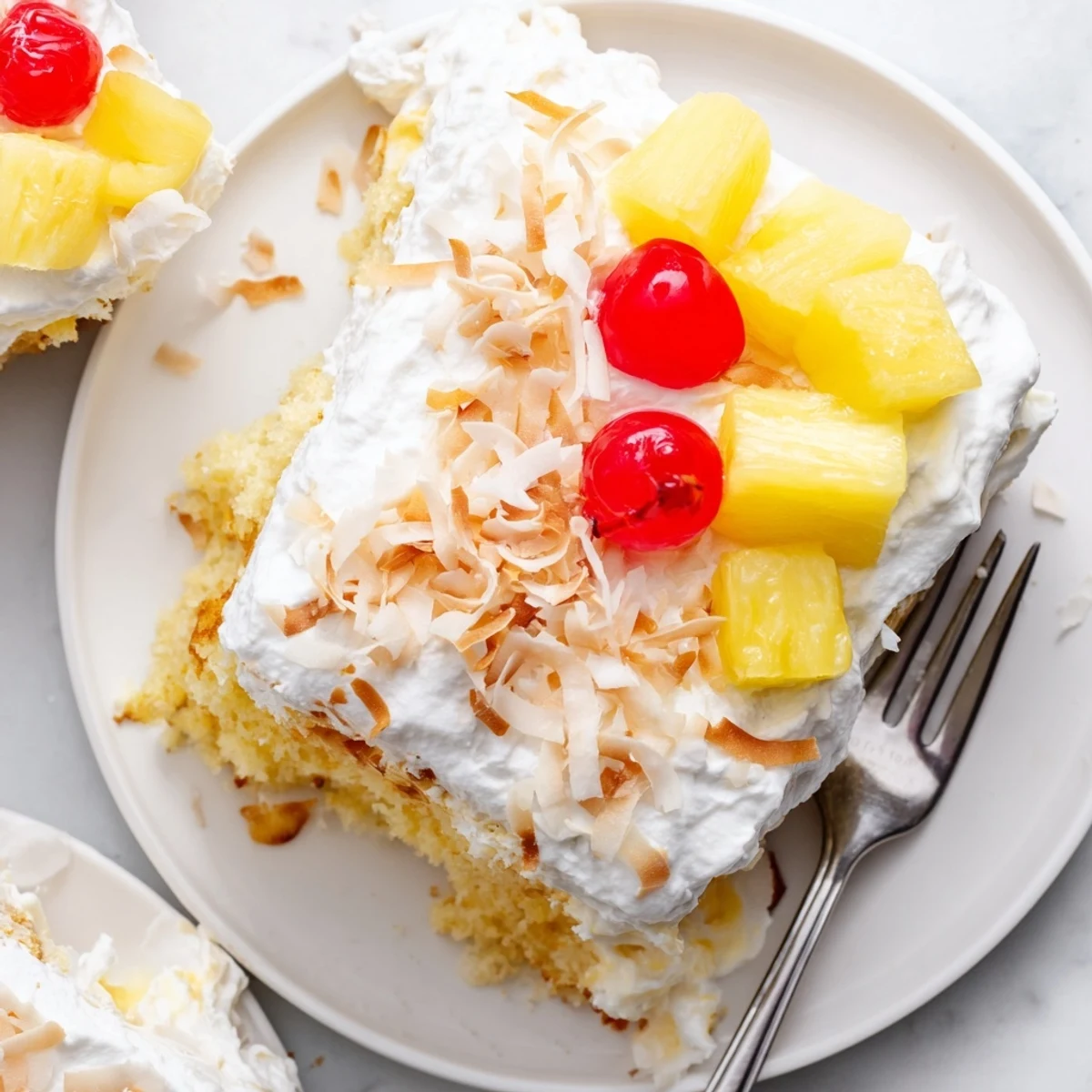 The layered Hawaiian Poke Cake shows creamy filling soaked into moist crumbs, with vibrant pineapple chunks on top.