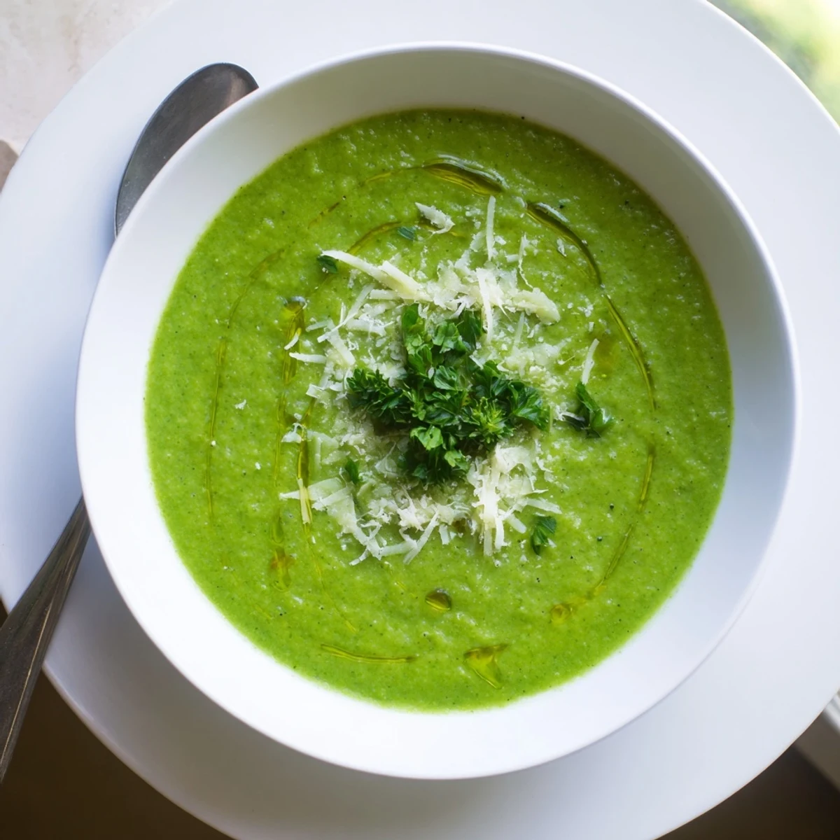 Velvety green homemade Italian broccoli soup drizzled with olive oil and served with crusty bread