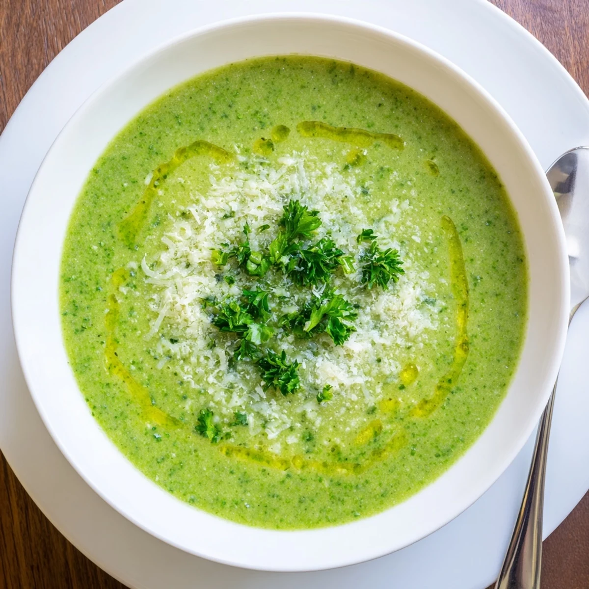 Steaming bowl of homemade Italian broccoli soup topped with Parmesan shreds and chopped parsley on a wooden table