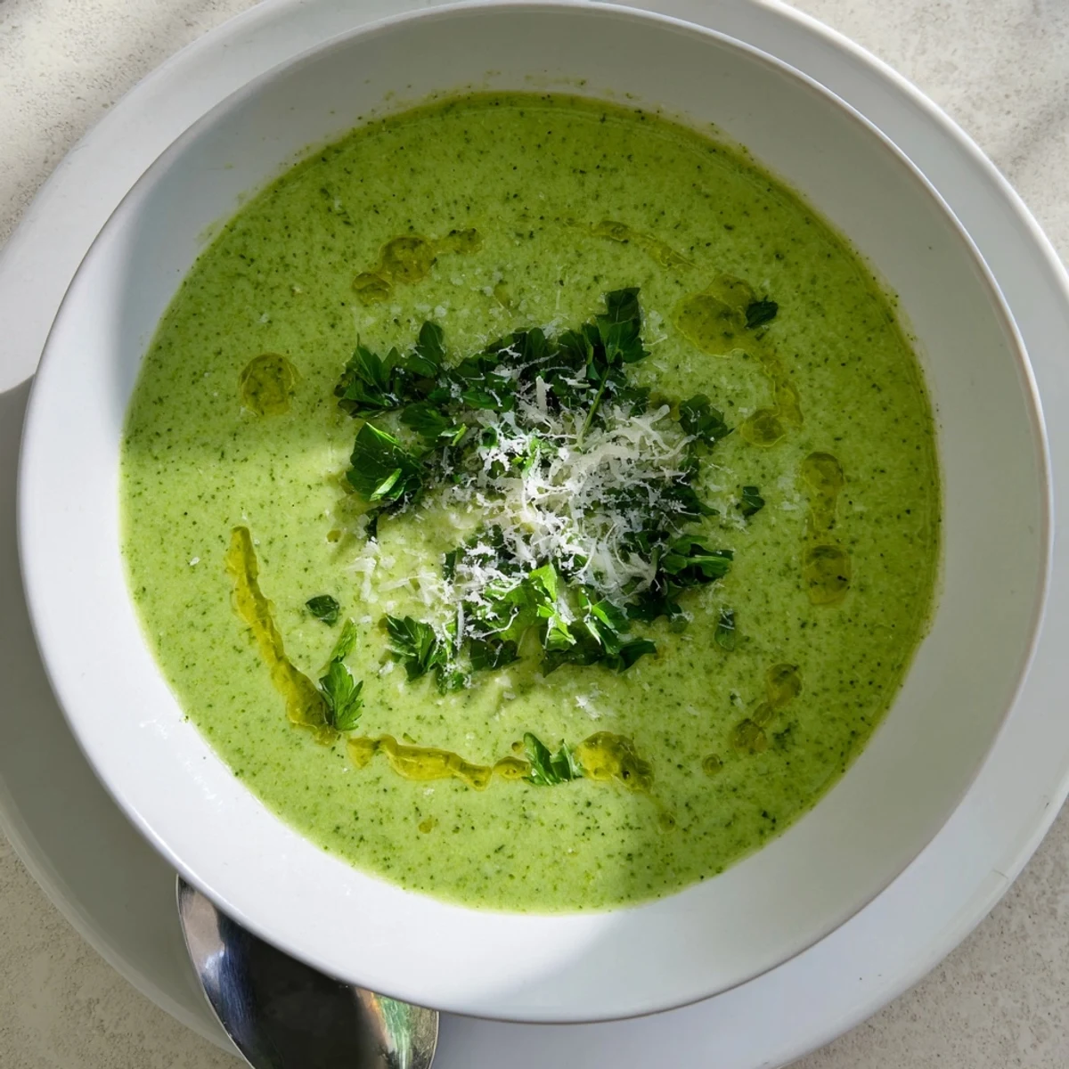 Creamy homemade Italian broccoli soup garnished with grated Parmesan and fresh herbs in a white bowl