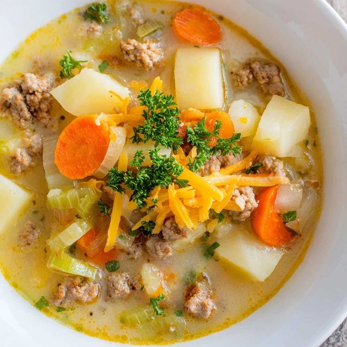 Creamy pork sausage potato soup steaming in a white bowl with fresh parsley garnish