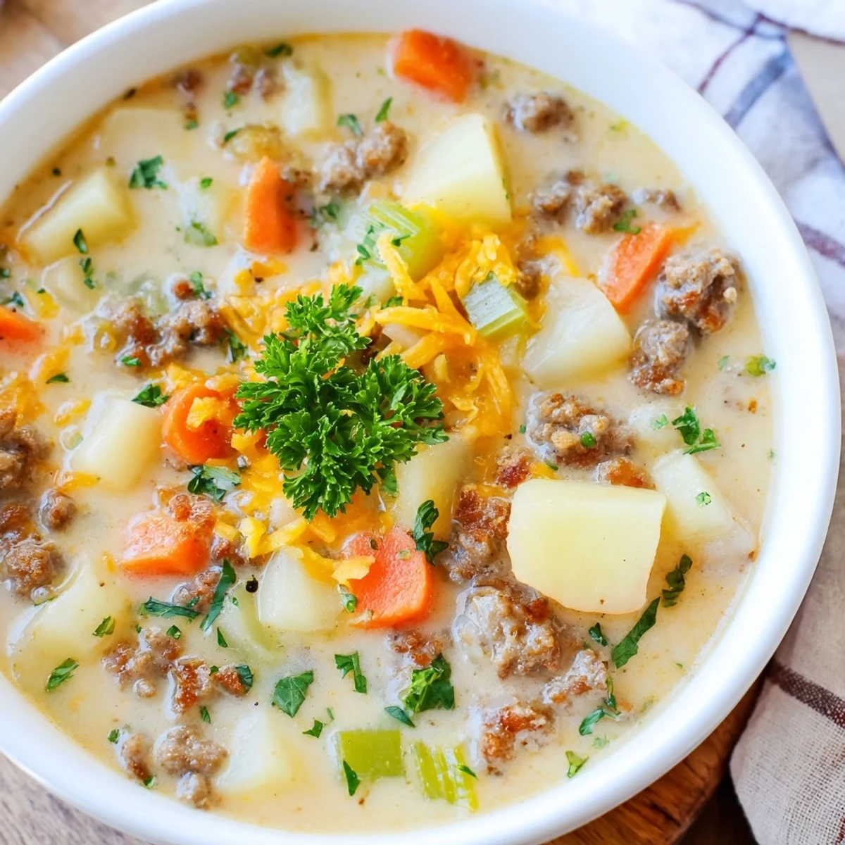 Hearty sausage and potato soup loaded with tender vegetables in a rustic blue bowl