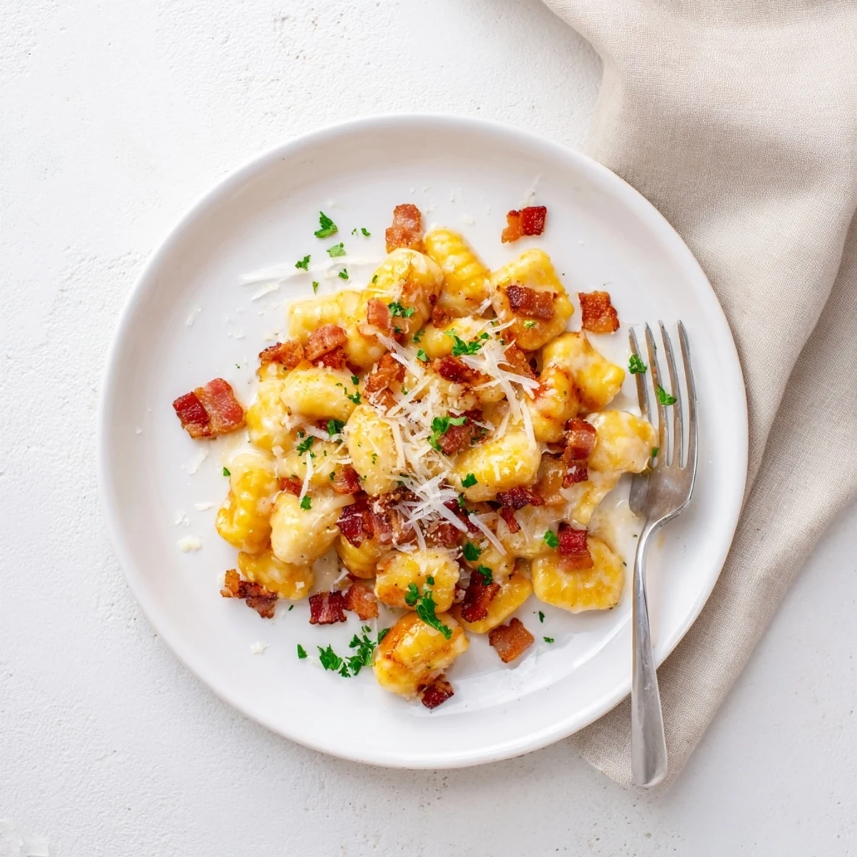 Creamy Gnocchi Carbonara with crispy bacon pieces and freshly grated Parmesan cheese sprinkled on top