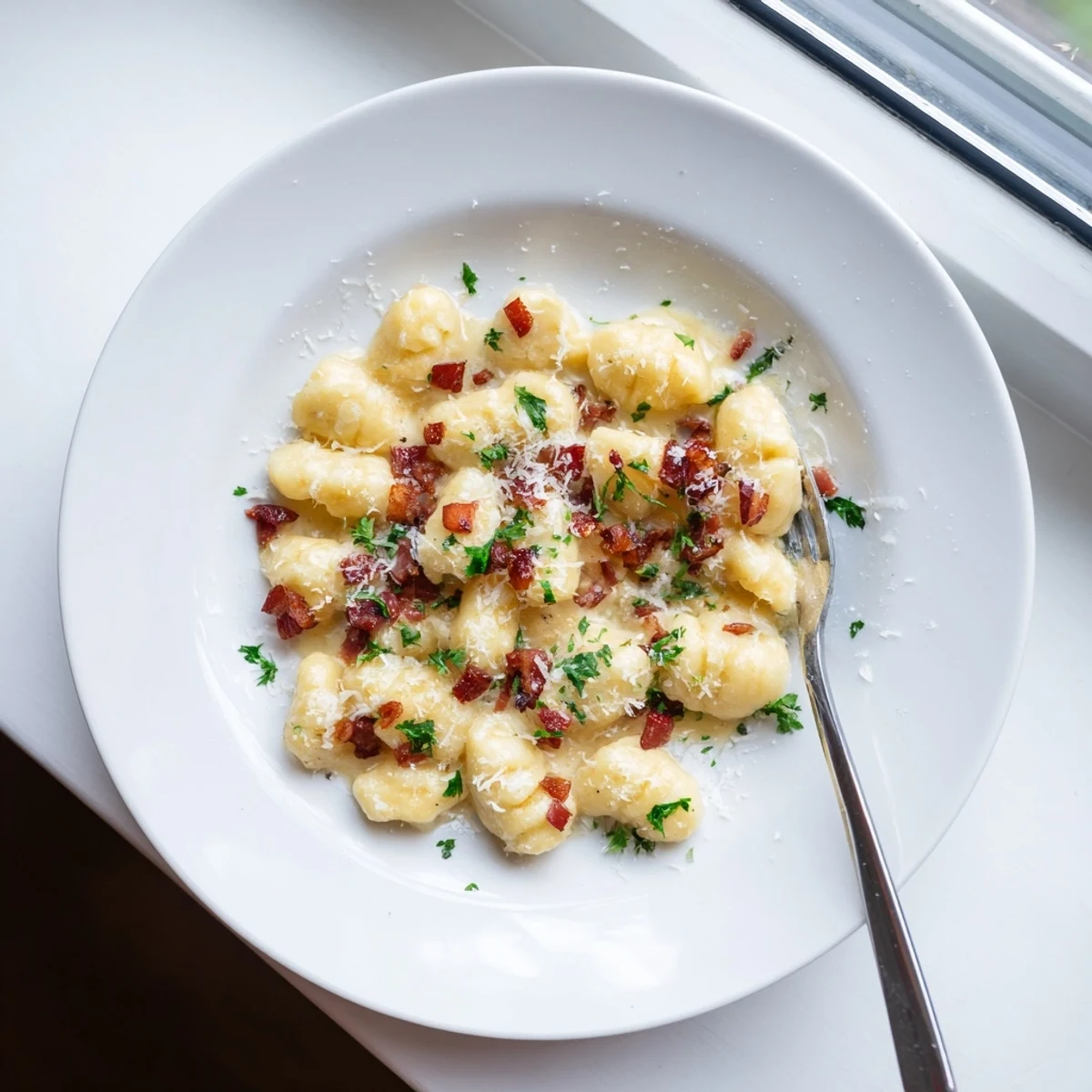 Golden potato gnocchi coated in rich carbonara sauce with savory diced bacon and Parmesan shavings