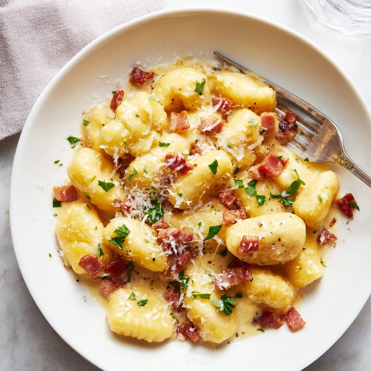 Plate of pillowy Gnocchi Carbonara featuring smoky bacon, silky egg Parmesan sauce, and extra cheese garnish