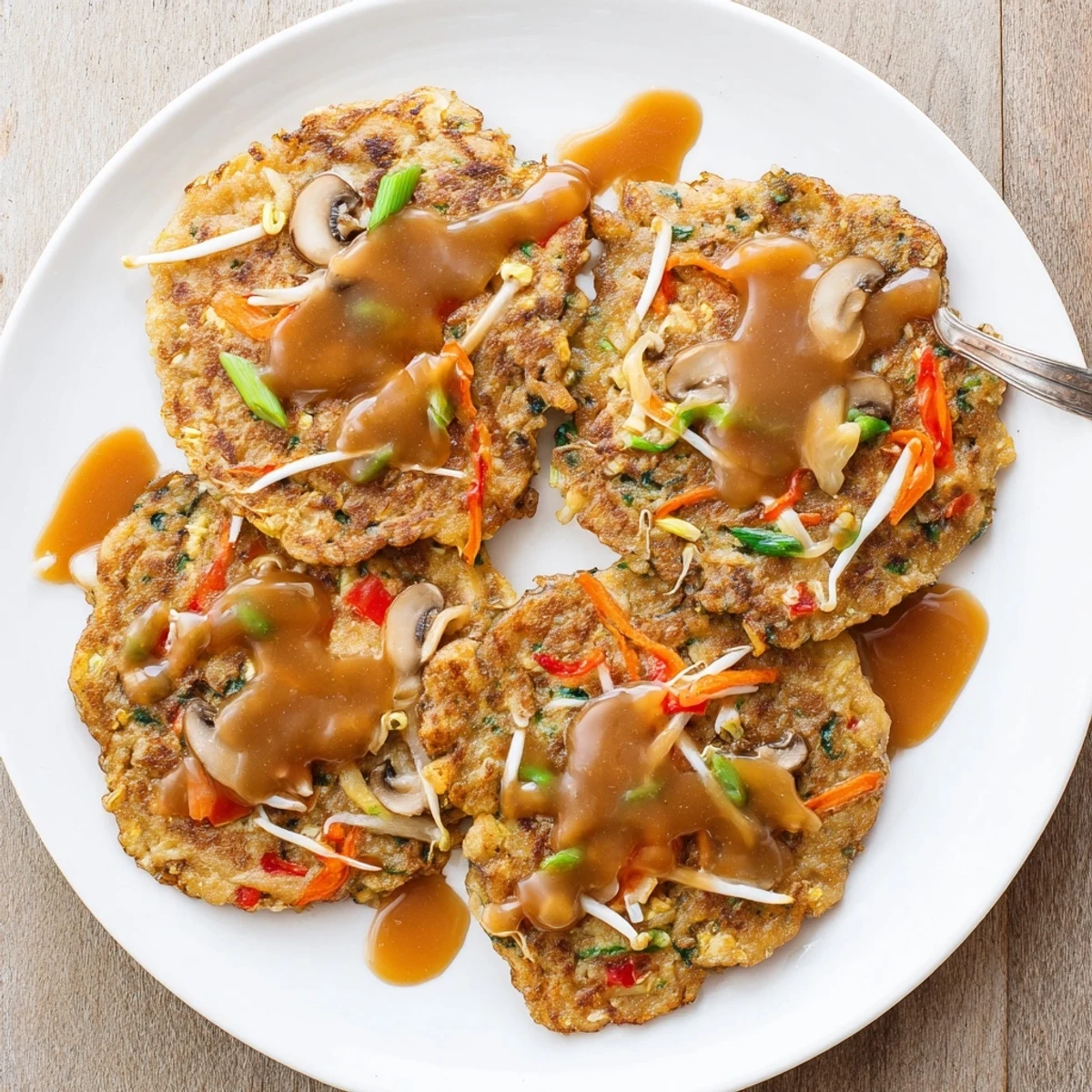 Golden crispy Egg Foo Young patties topped with rich savory brown gravy sauce