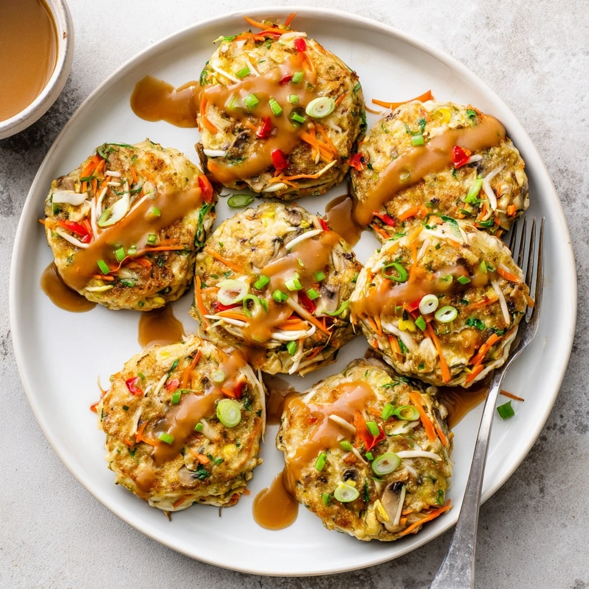 Chinese-American Egg Foo Young served hot with steamed white rice and garnish