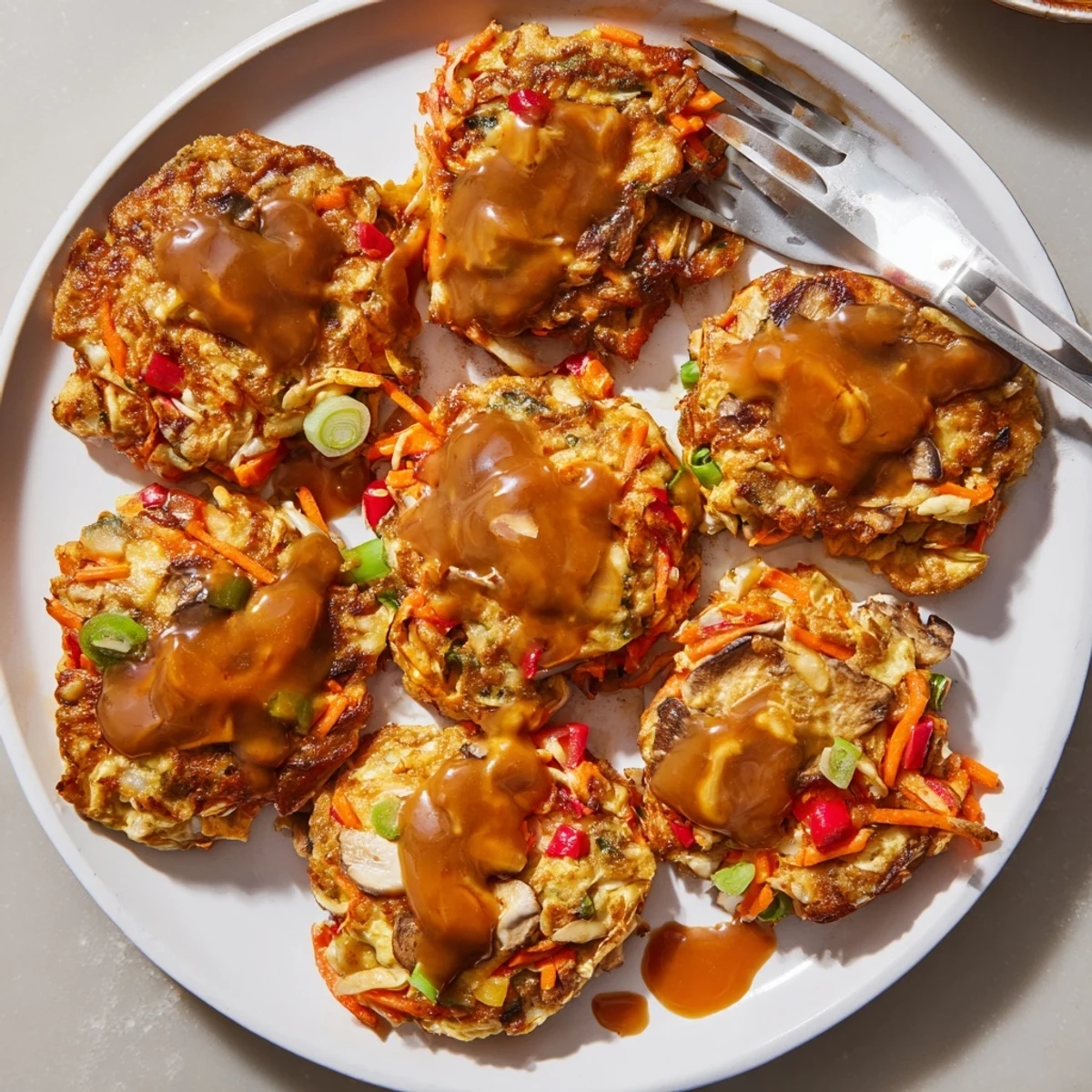 Fluffy vegetable-packed Egg Foo Young omelets fried until perfectly golden and crisp
